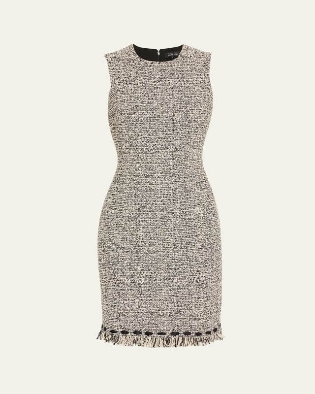 Ribbon-Trim Fringed Tweed Dress